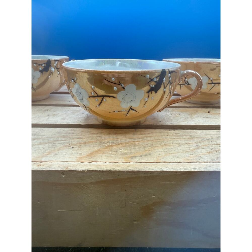 Vintage Japanese Lustreware Cherry Blossom Tea Cups & Saucers - Set of 3 - Picture 7 of 8